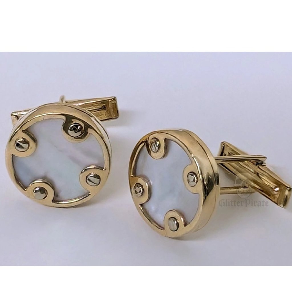 14k Yellow Gold 585 Mother Of Pearl Screw Pattern Cufflinks